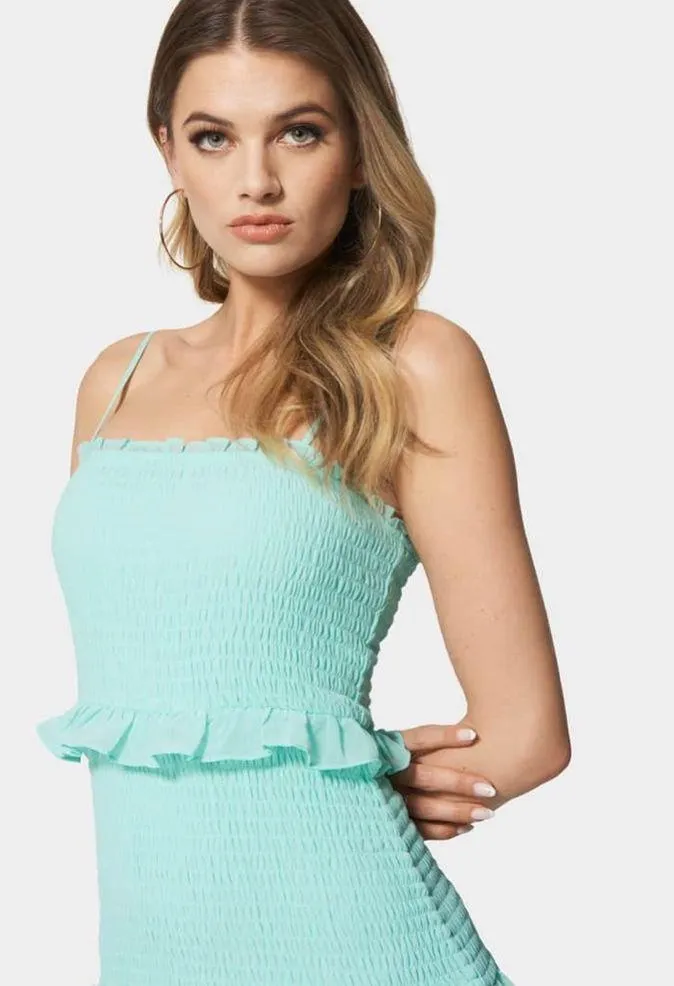Bebe Smocked Ruffle Mini Dress in Aqua, Size M New w/Tag Retail $109 - Image 3