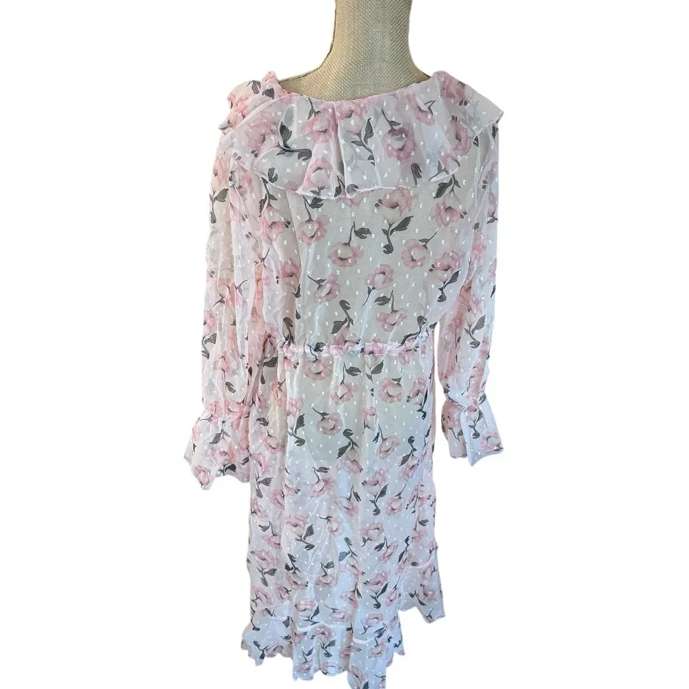 NWT Dazy Designer Sheer Flowy Pink Floral Maxi Cover Up Dress Duster Layer Large - Image 5