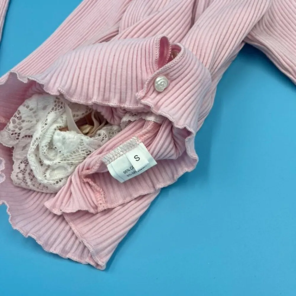 Shein Coquette Kawaii Y2K Pink Double Layer Ribbed Cropped Cardigan Women Size S - Image 7