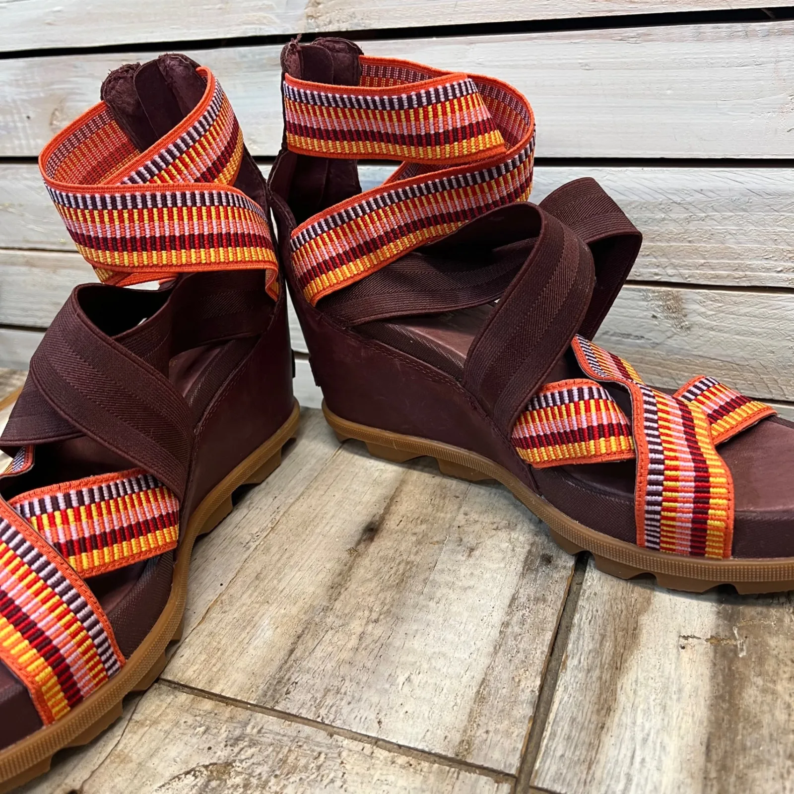 Sorel Joanie II Elderberry Gladiator Leather Wedge Sandals Elastic Straps 10.5 - Image 7