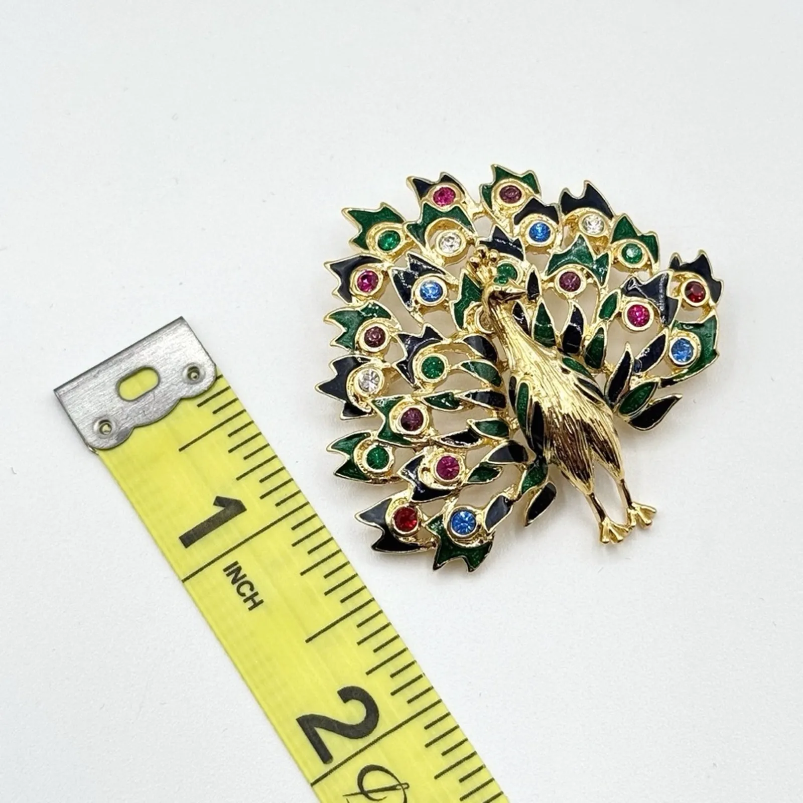 Vintage Gold Tone Peacock Bird Green Blue Pink Jeweled Rhinestone Pin Brooch - Image 5