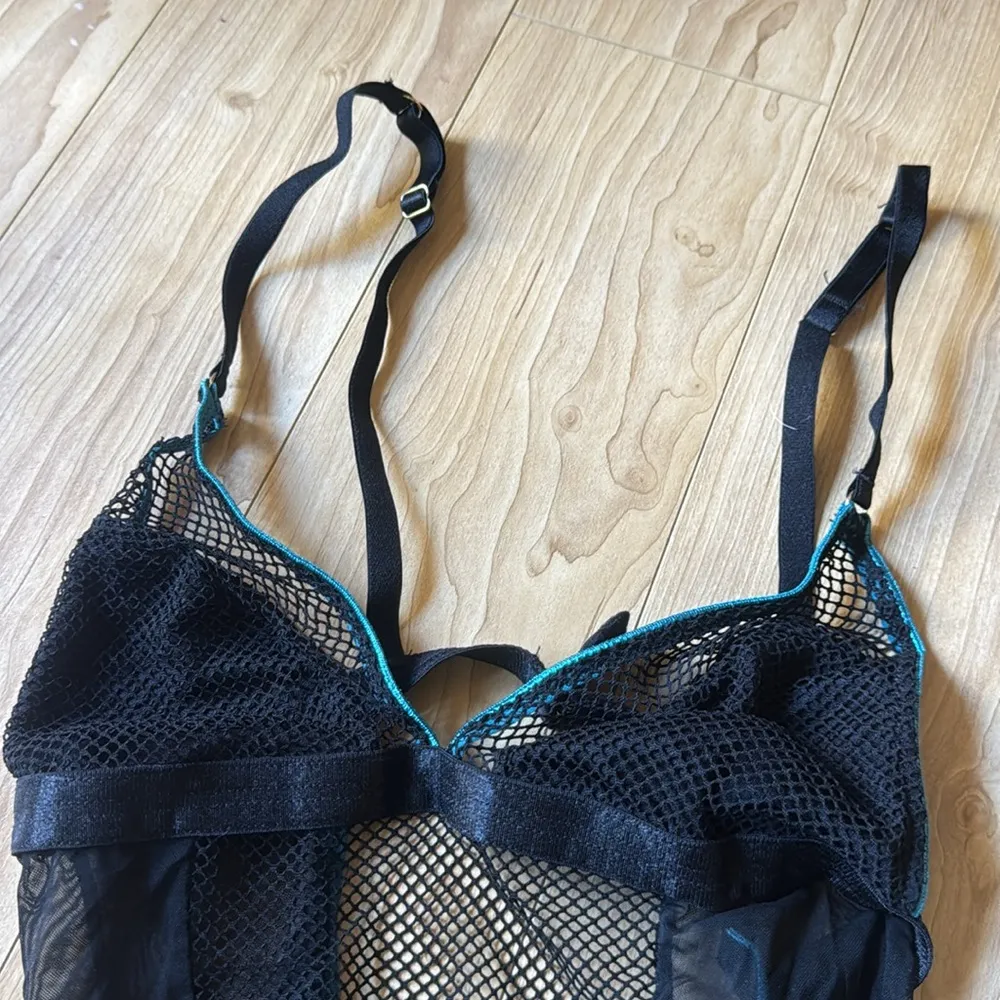 Black Mesh Bodysuit with Blue Trim Size XS - Image 2