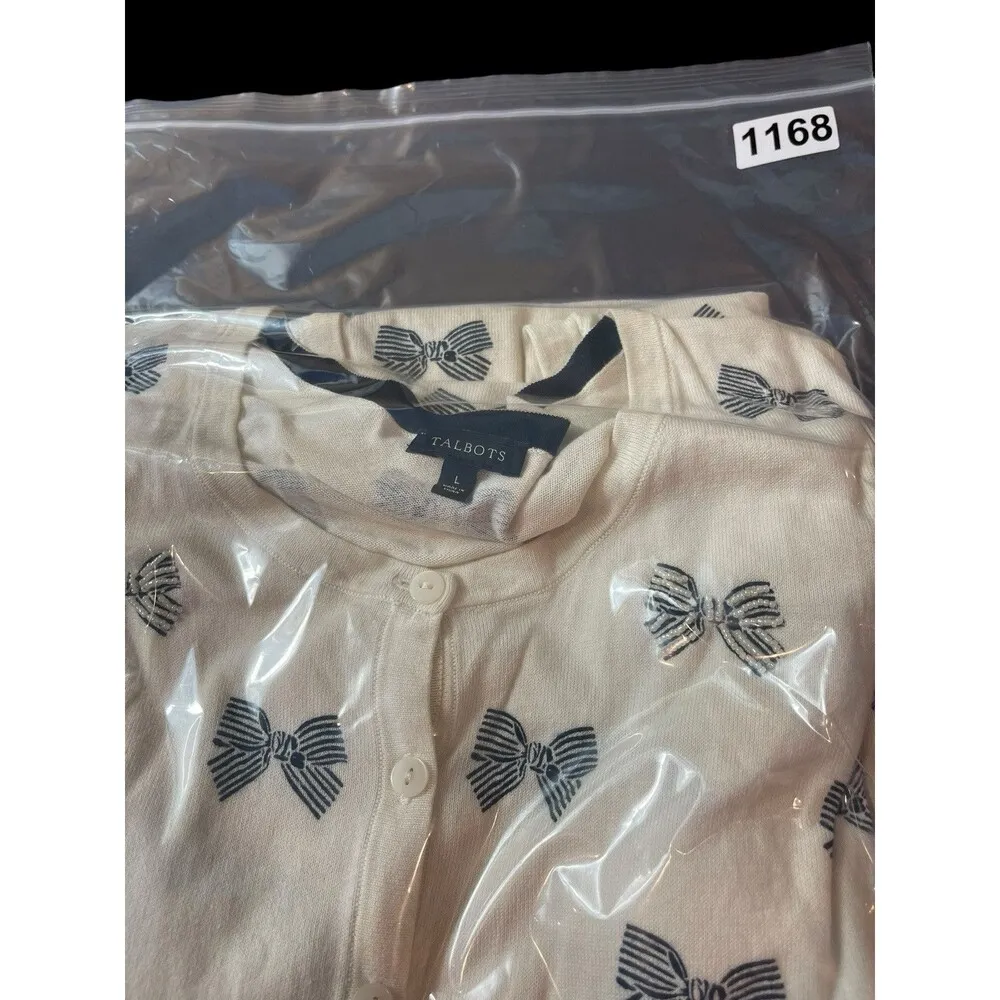 Talbots Bow Beaded Pattern Sweater Cream And Black Soft Button Cardigan L - Image 14