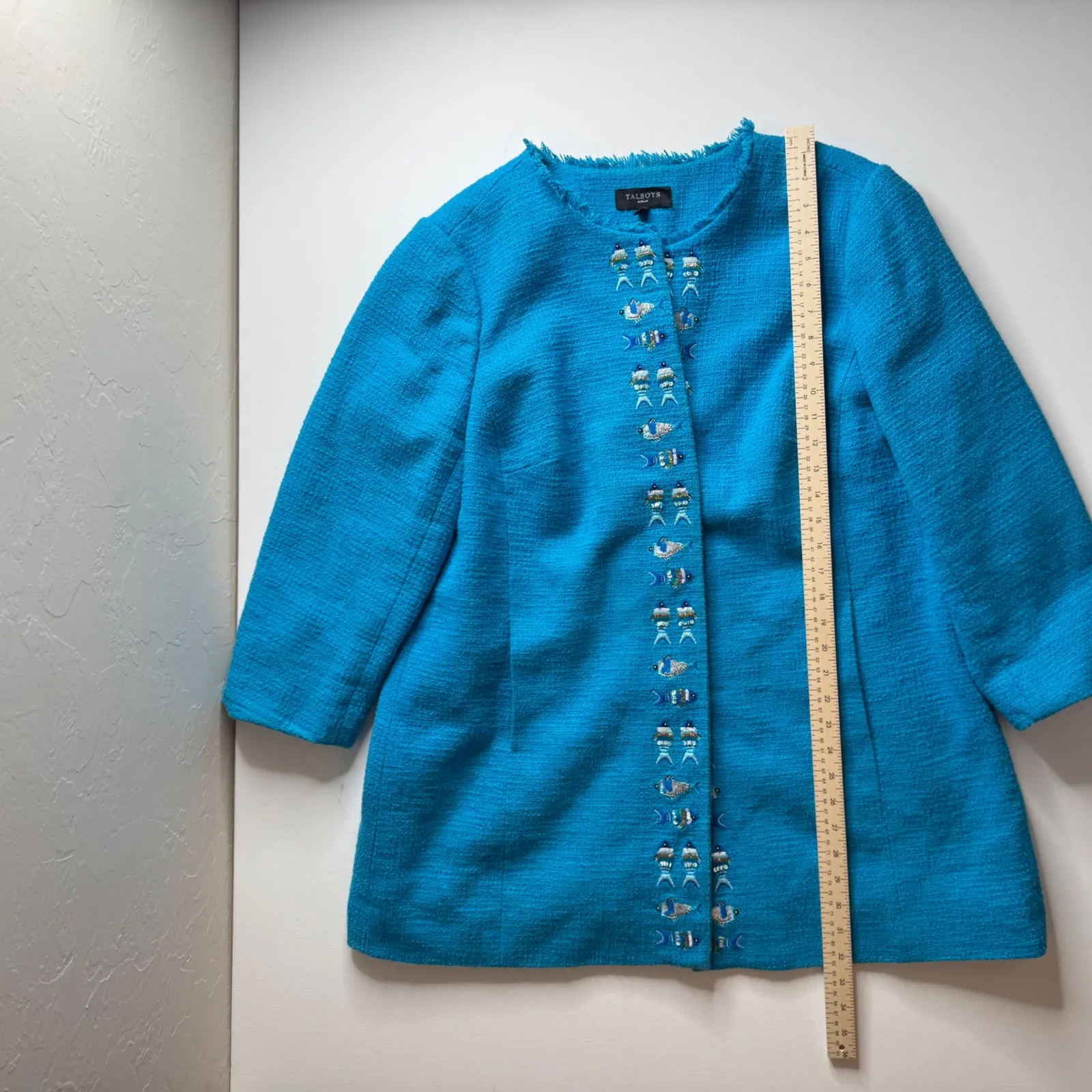 Talbots Fish‎ Beaded Embellished Tweed Jacket Size 18W Blue Open Front Preppy - Image 8
