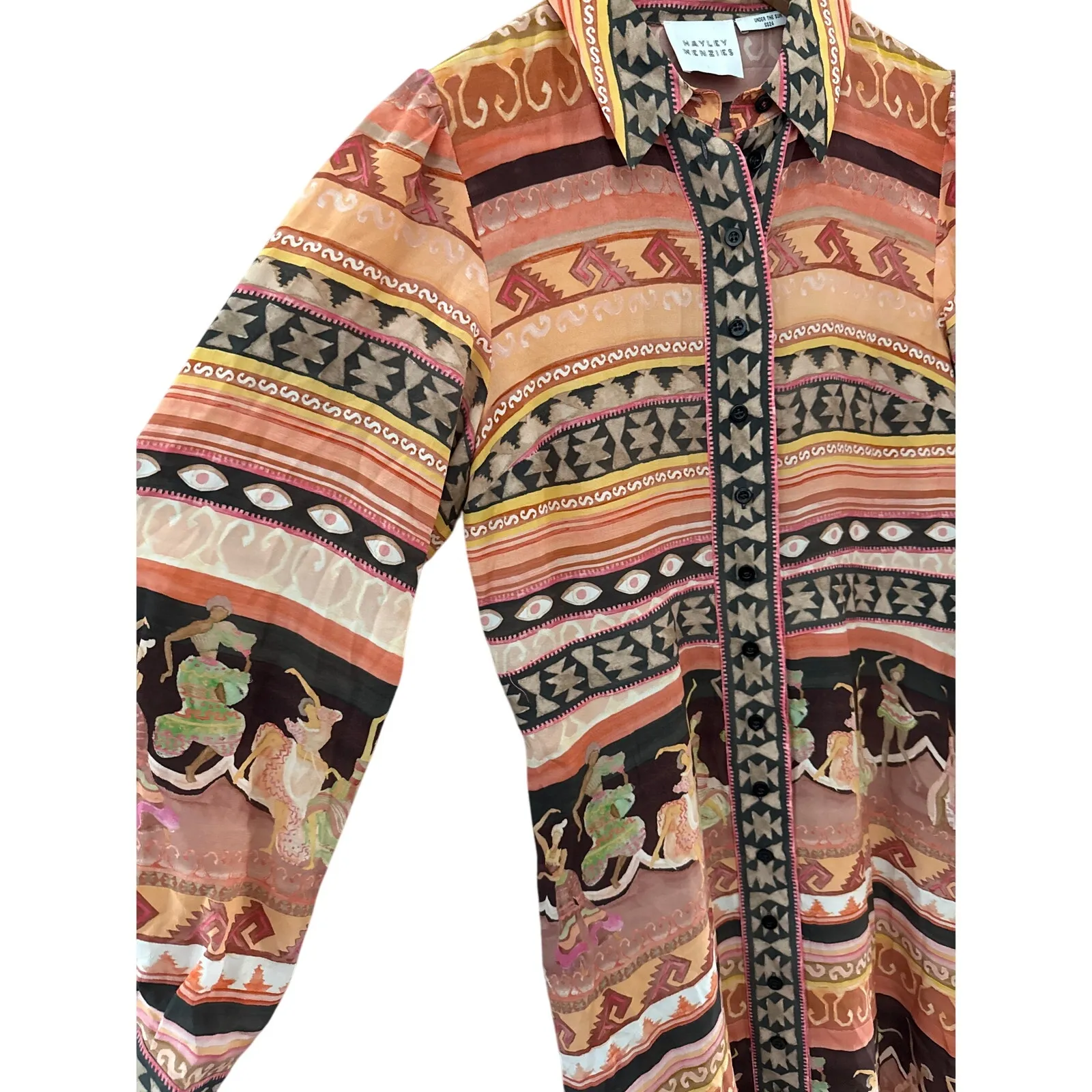 Hayley Menzies Silk Dancing Ladies Print Maxi Shirt Dress Pockets Size Medium Pink - Image 13