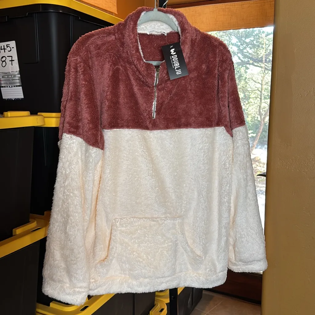 NWT Doublju Women's Soft Teddy Fleece Quarter Zip Pullover with Pocket Size 1X Pink - Image 5