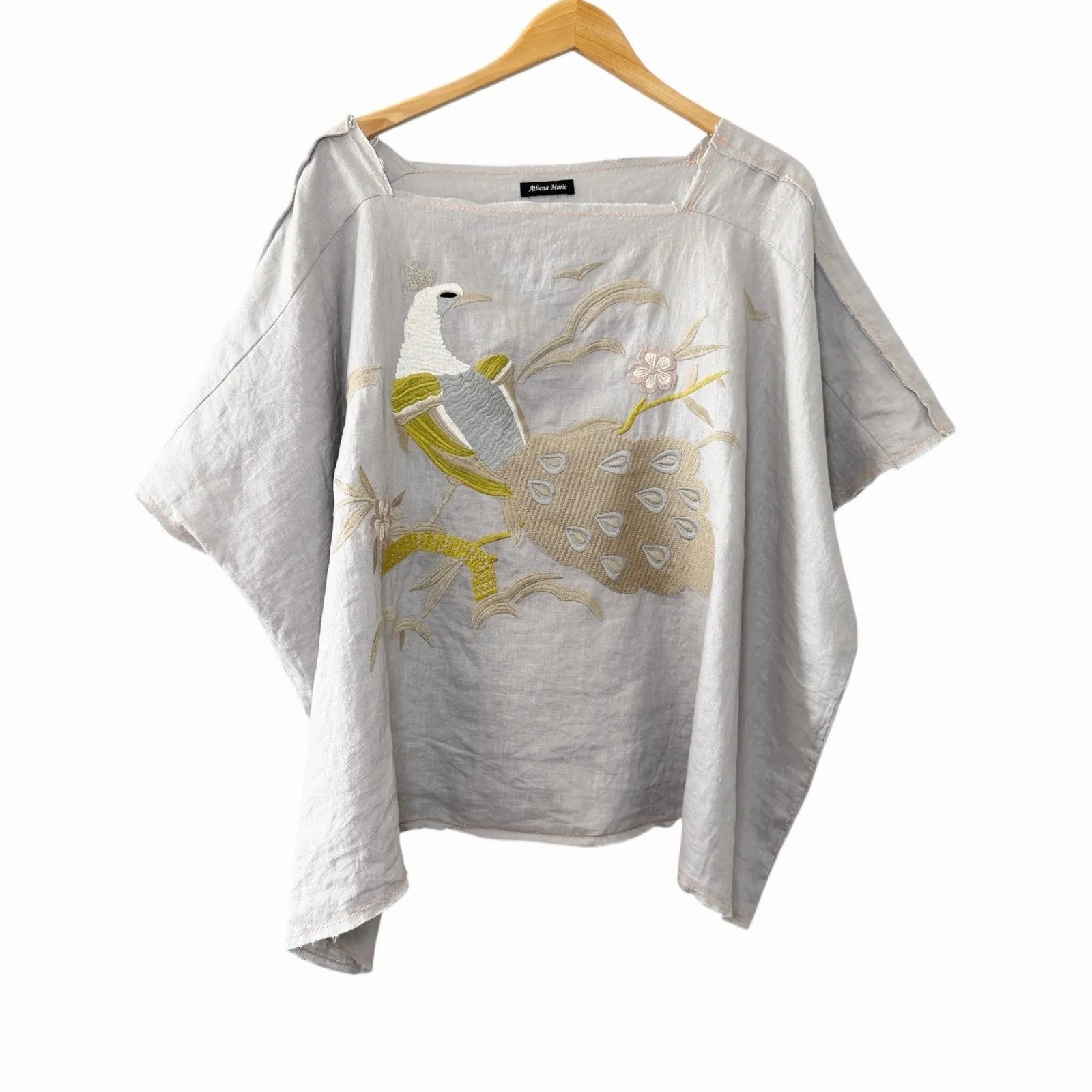Athena Marie Womens Linen Peacock Embroidered Boxy Lagenlook Boho Top Blouse OS - Image 2