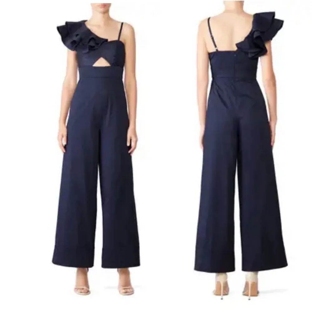 Fame & Partners navy blue one shoulder ruffle Los Feliz wide leg Jumpsuit sz 12 - Image 3