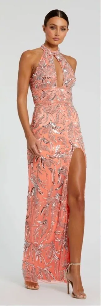 MAC DUGGAL 6030 Womens High Neck Embellished Mesh Gown With Slit Dress Coral - Image 2