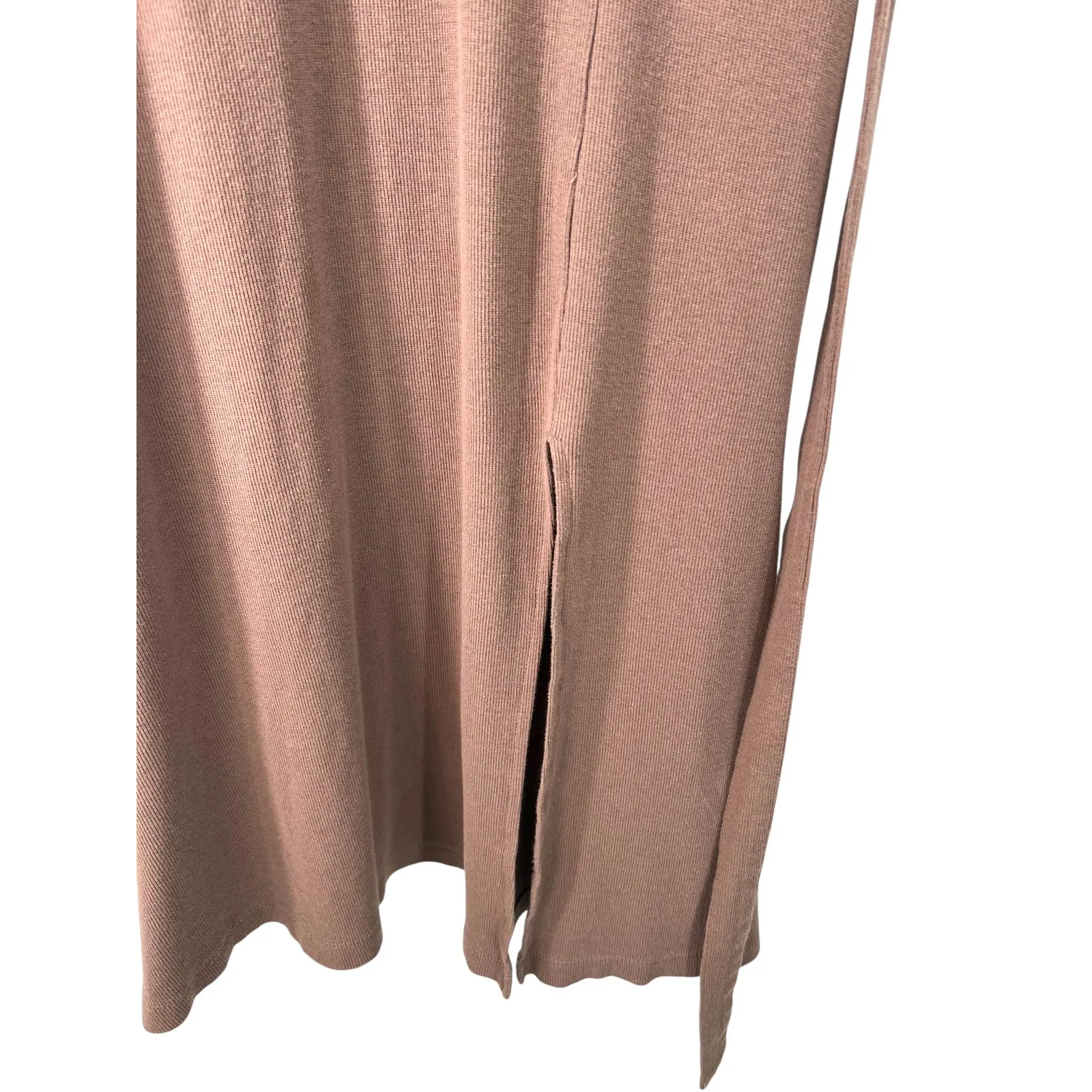 MAGASCHONI XS Midi Dress Ribbed T Shirt Casual Short Sleeve Brown Slit Stretch - Image 4