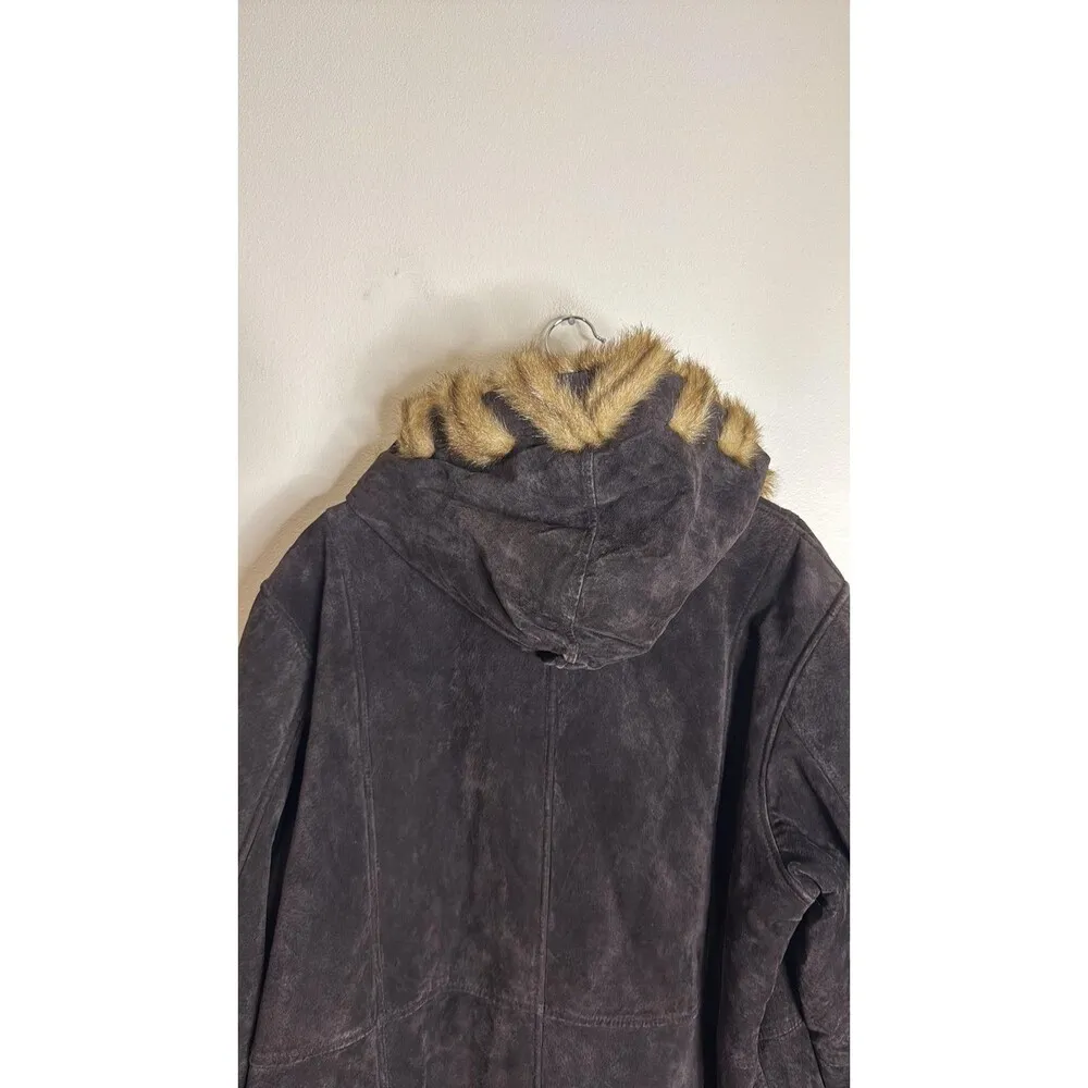 Dennis Basso Coat Womens 2X Brown Leather Faux Fur Trim Hooded Button Long - Image 11