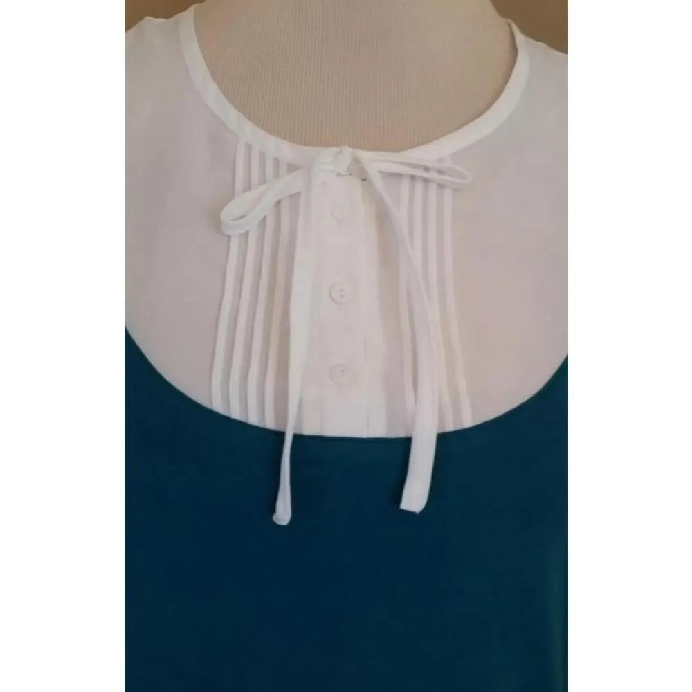 Modcloth Teal Turquoise Knit Top with White Pleated Yoke Neck Tie Cap Sleeves - Image 3