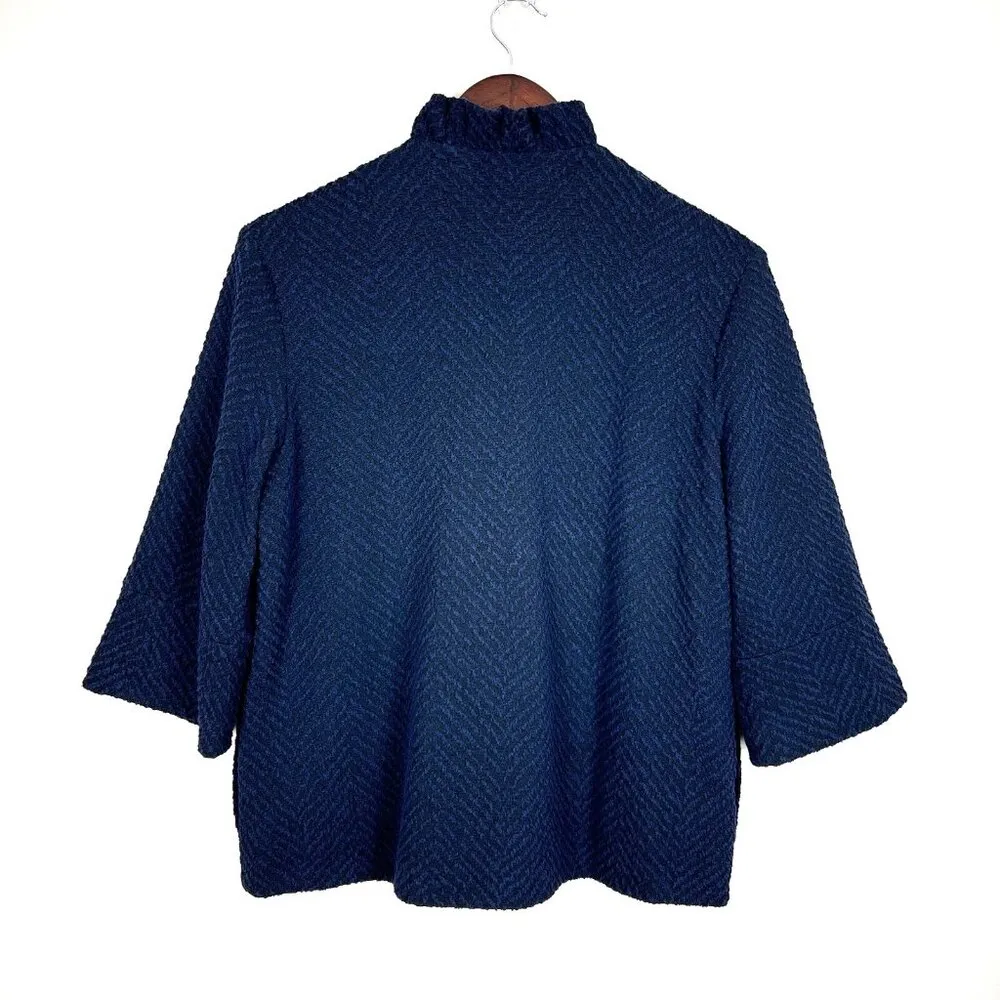 J. McLaughlin  Jacket Womens Medium Navy Black Button Up Texture 3/4 Sleeve Ruffle - Image 5