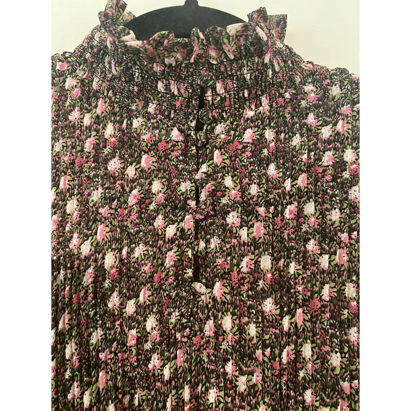 CAbi Blouse High Button Ruffle Neck Floral Pleated Balloon Sleeve Small Modest‎ - Image 4