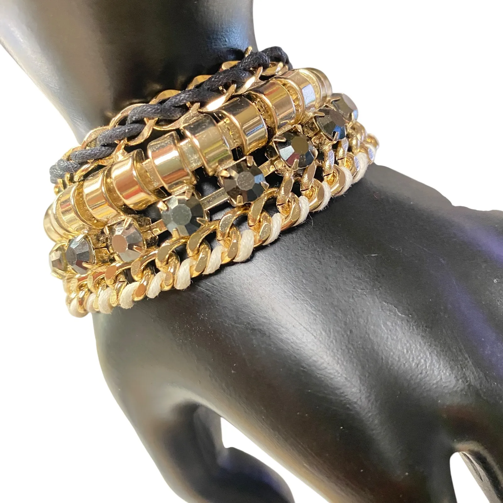 Express Layered Chain Toggle Bracelet Gold Black Gemstones Mixed Media - Image 6