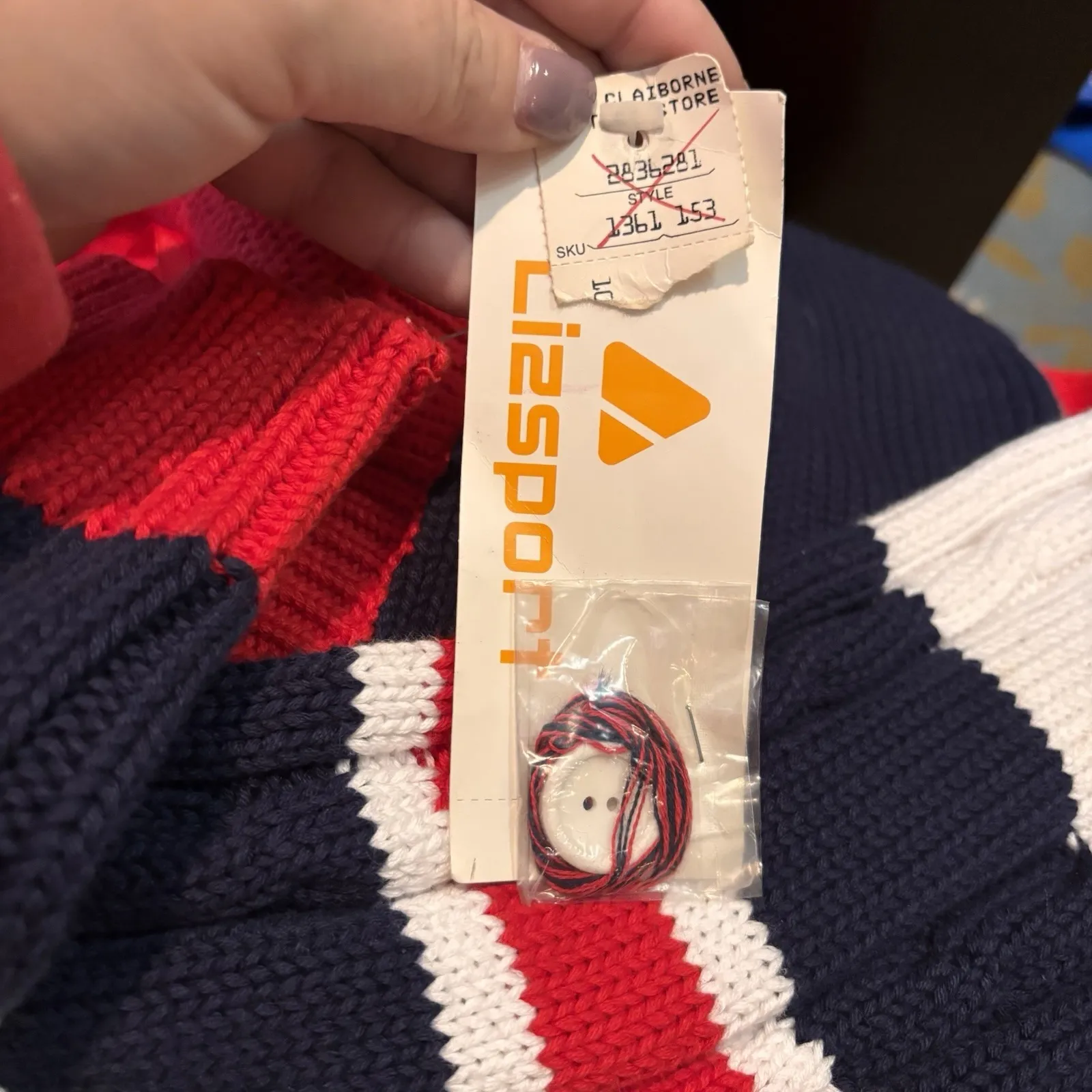 Vintage 90s Lizsport Varsity Cardigan Sweater LC Red Navy Striped NWT Medium - Image 9