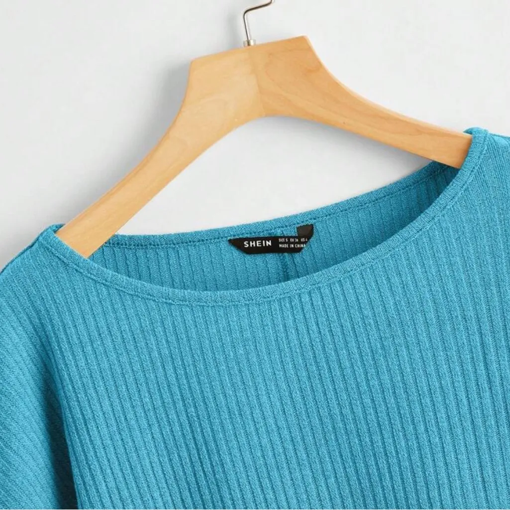 Turquoise Blue Slightly Cropped Crewneck Ribbed Top L 8/10 Long Dolman Sleeve Size L - Image 6