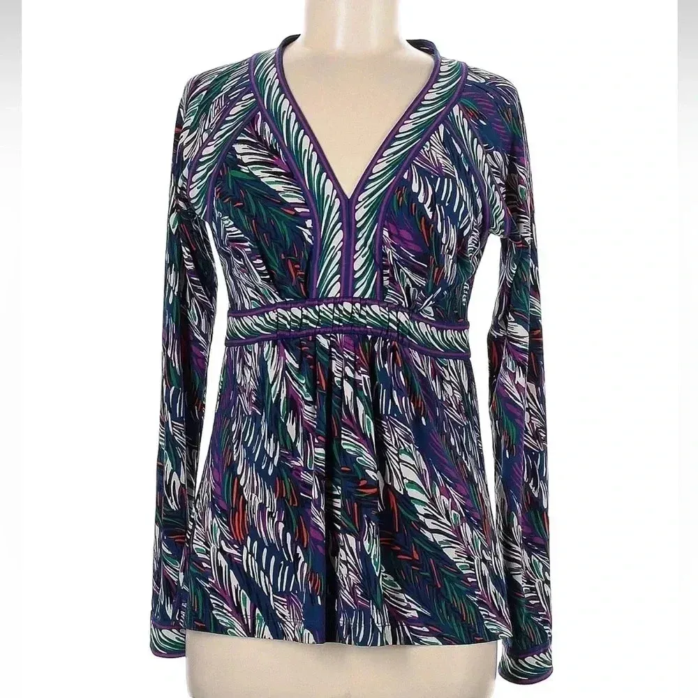BCBGMAXAZRIA Y2K Jewel Tones Leaf Feather Print Boho Top Blouse Size Medium M - Image 5