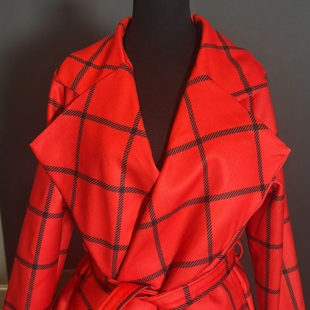 Women’s Red Turn Down Collar Wrap Trench Coat Grid Pattern Belted L (**tag XL) Size L - Image 2