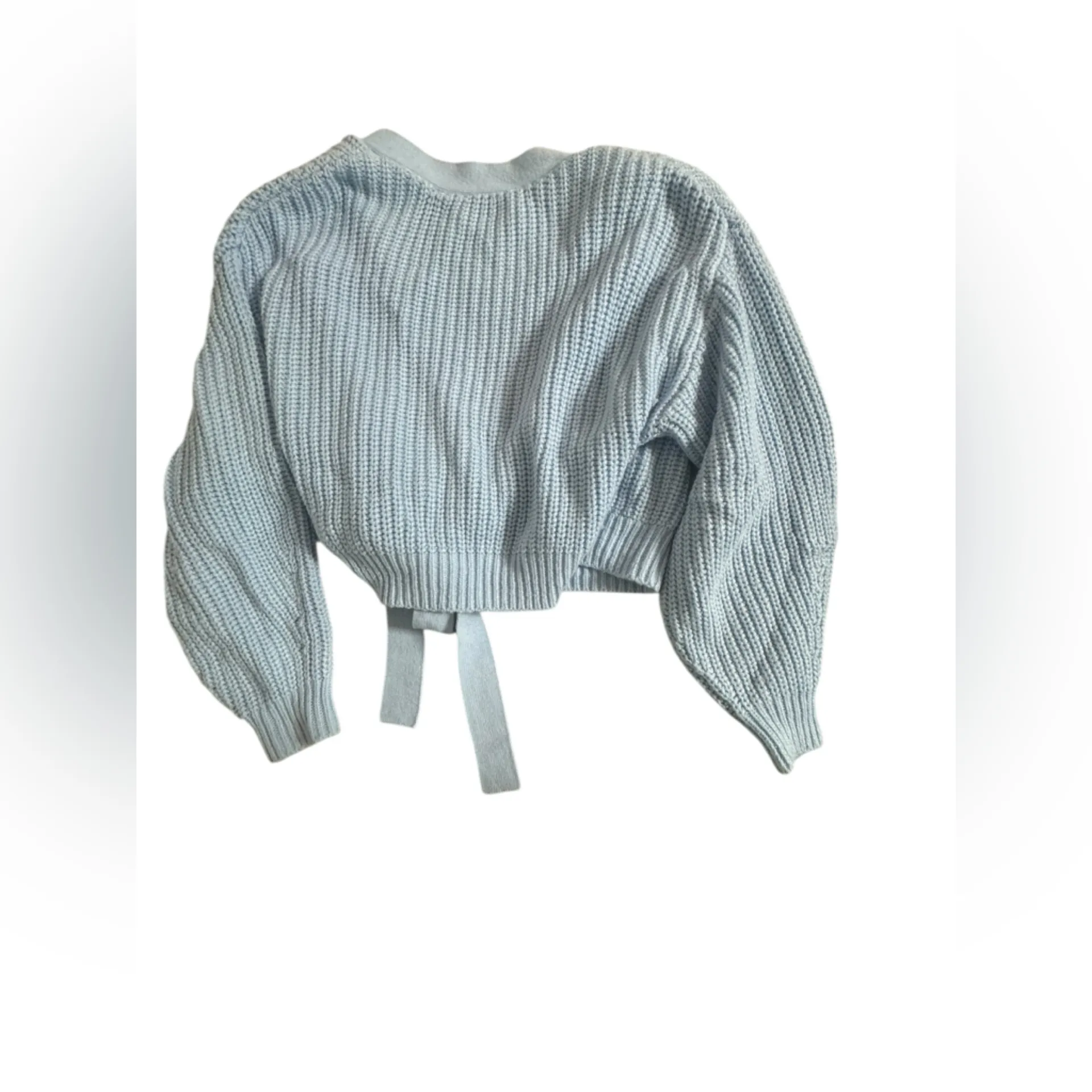 Women's Divided Soft Blue Knit Sweater w/Belt Stretchy Slightly Cropped Medium - Image 2