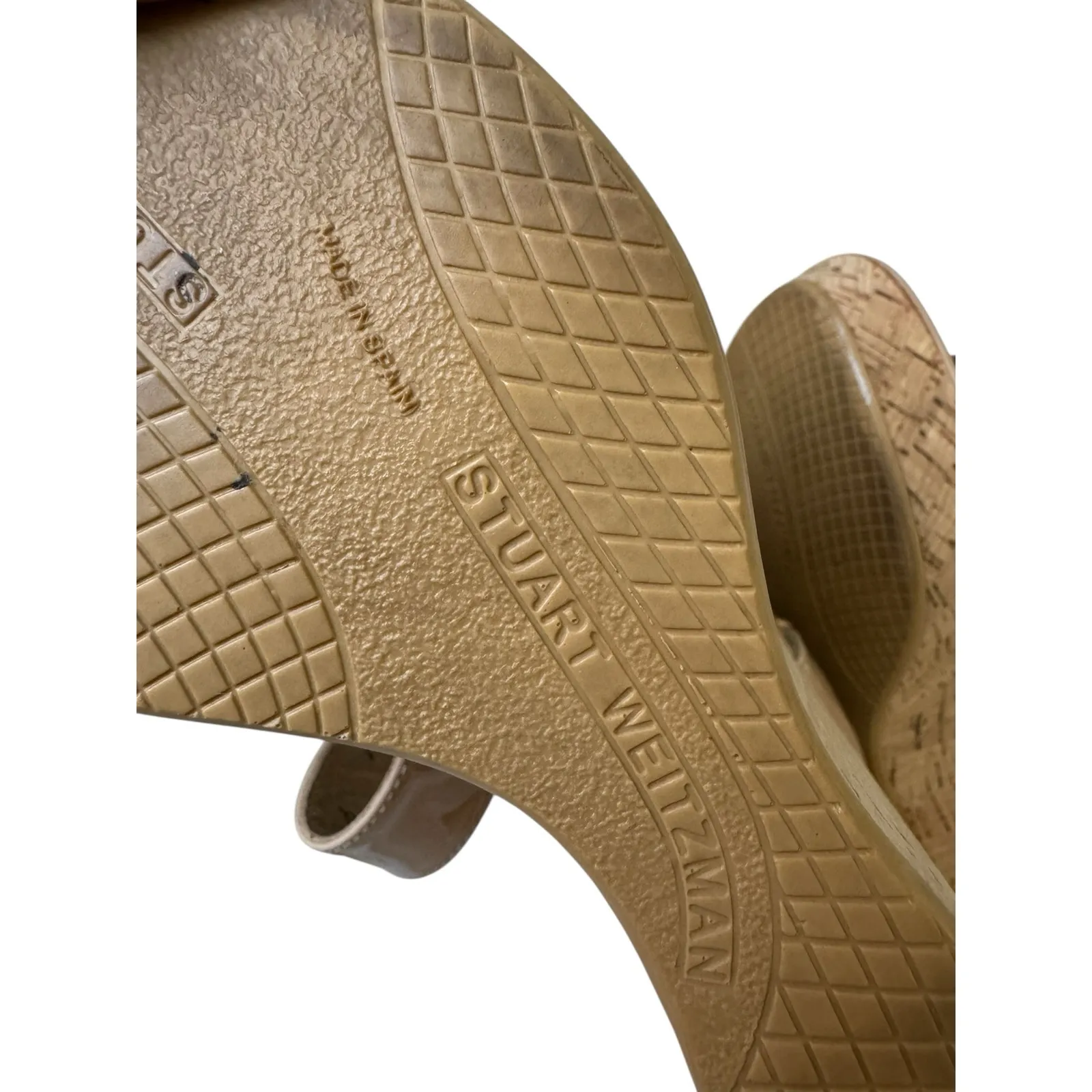 Stuart Weitzman Nude Patent Leather Cork Wedge Platform Sandals 9M Made in Spain - Image 11