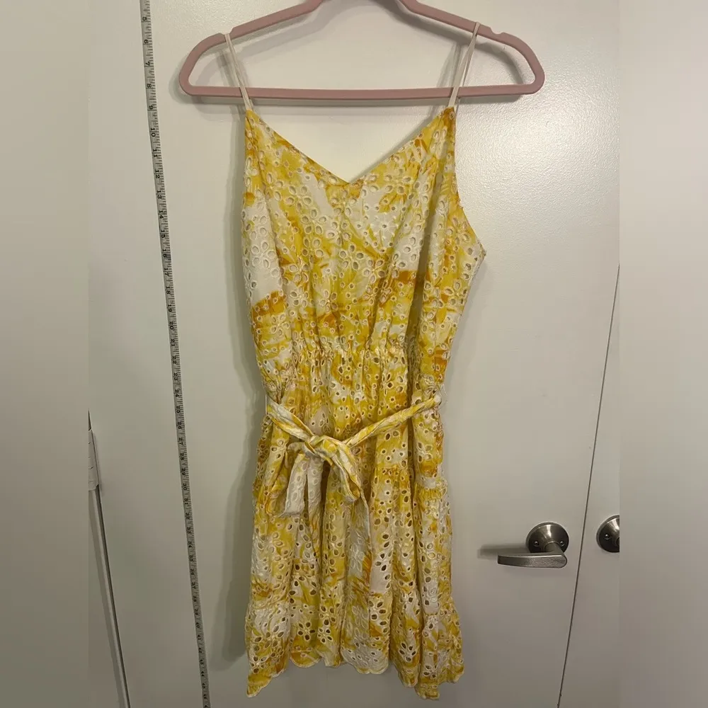 EXPRESS Printed Eyelet V-Neck Tie Waist Tiered Trapeze Dress - Image 4