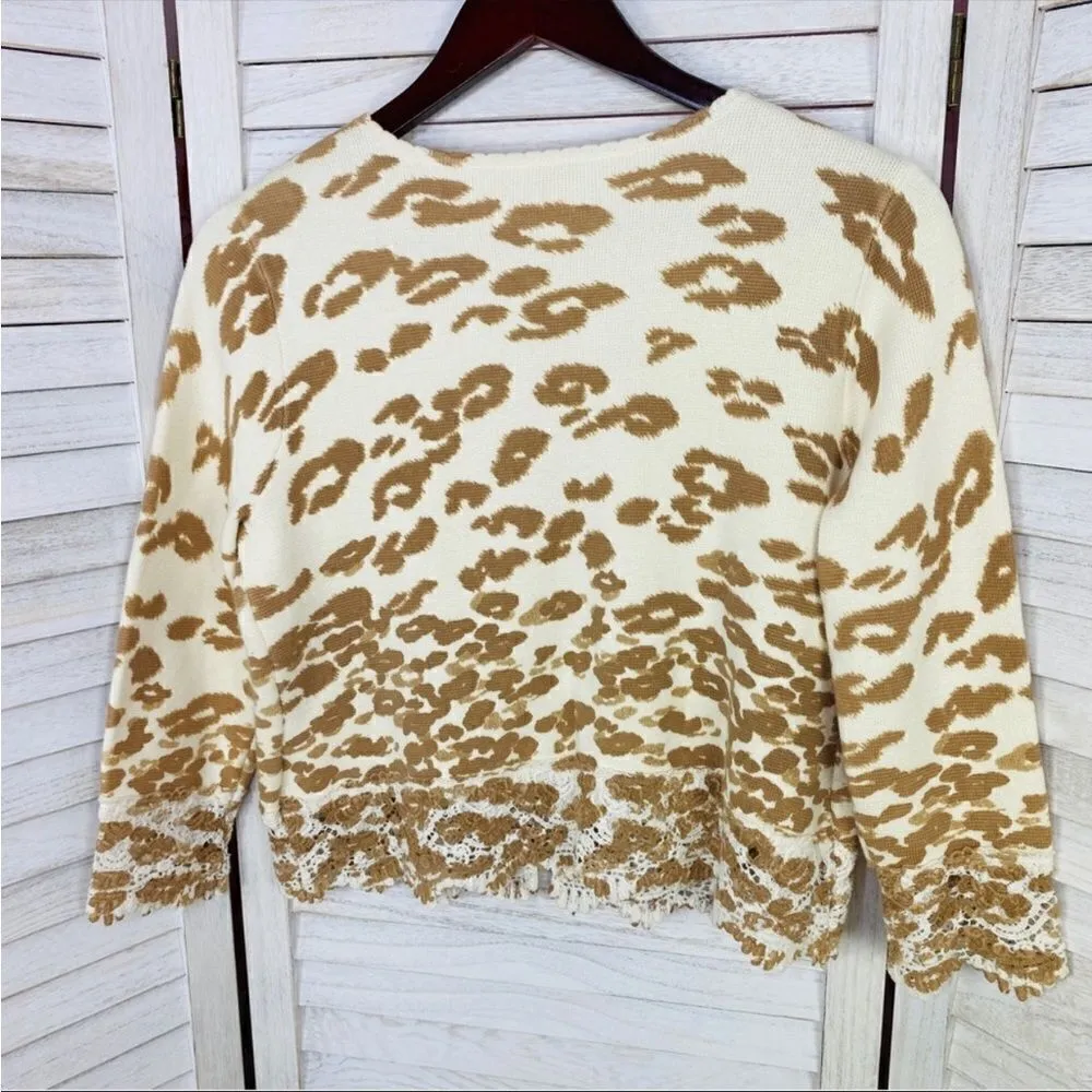 Chico’s Charlee Cheetah Lace Hem Crop Cardigan Sweater Cream Tan Small - Image 7