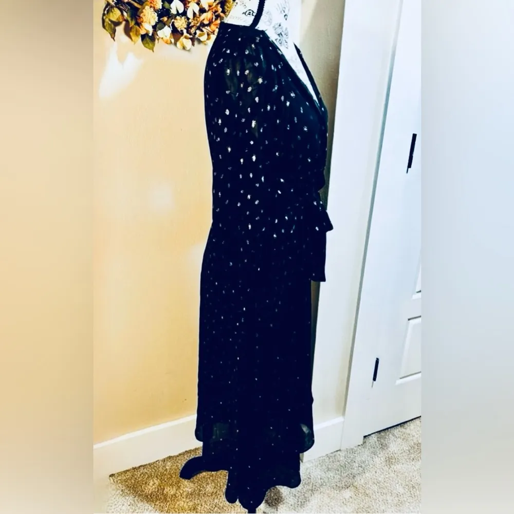 DKNY Balloon Sleeve Faux Wrap Metallic Gold Polkadot Belted Midi Dress Sz 6 - Image 4