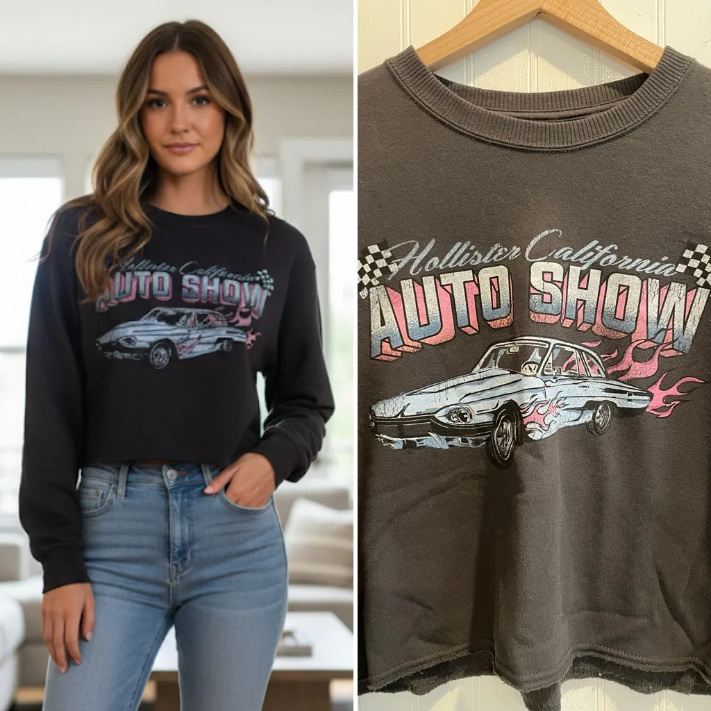 HOLLISTER California Auto Show Graphic Cropped Crewneck Sweatshirt Size S - Image 2