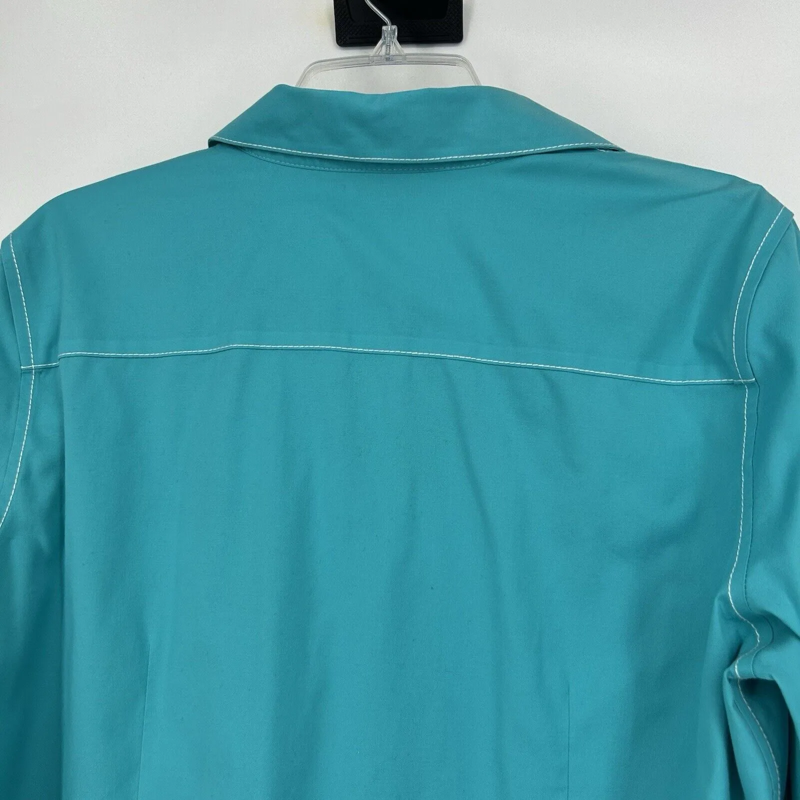 Foxcroft Non Iron Button Up Shirt Fitted Fit Blue 3/4 Roll Tab Sleeves Size 14 - Image 7