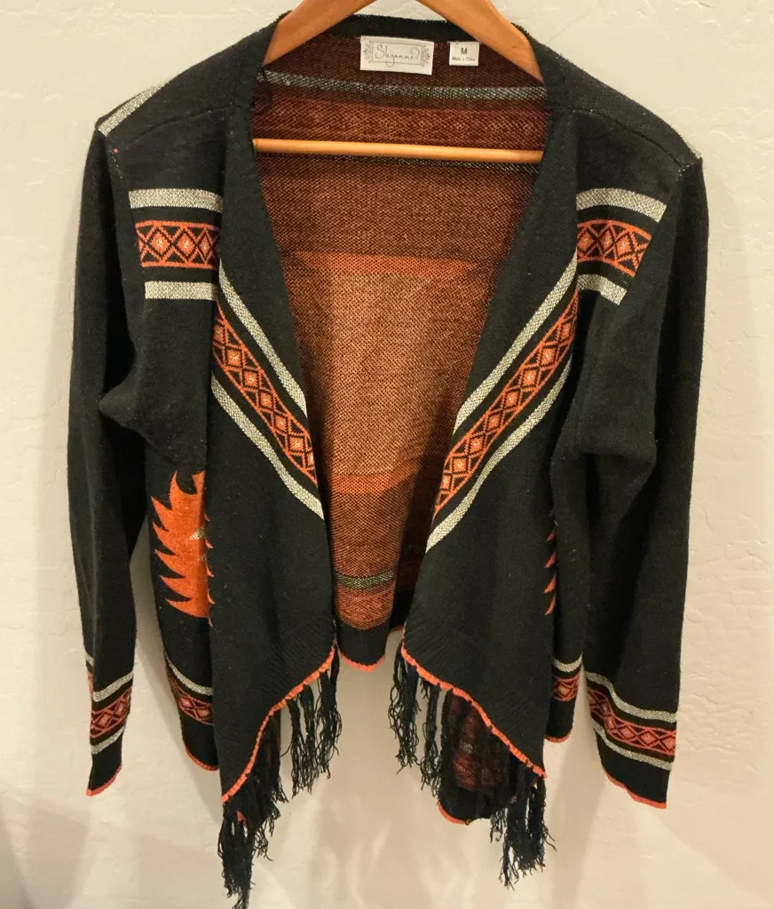 Shyanne Black & Orange Fringed Cardigan Sweater – Women’s Medium - Image 1