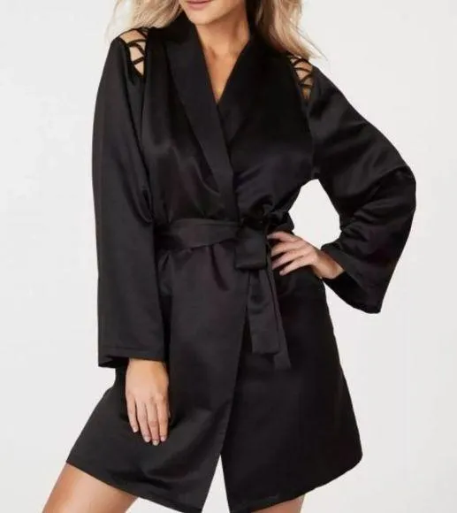 Frederick's of Hollywood Robe Womens Summer Lattice Lacing Robe Medium Black NWT - Image 1