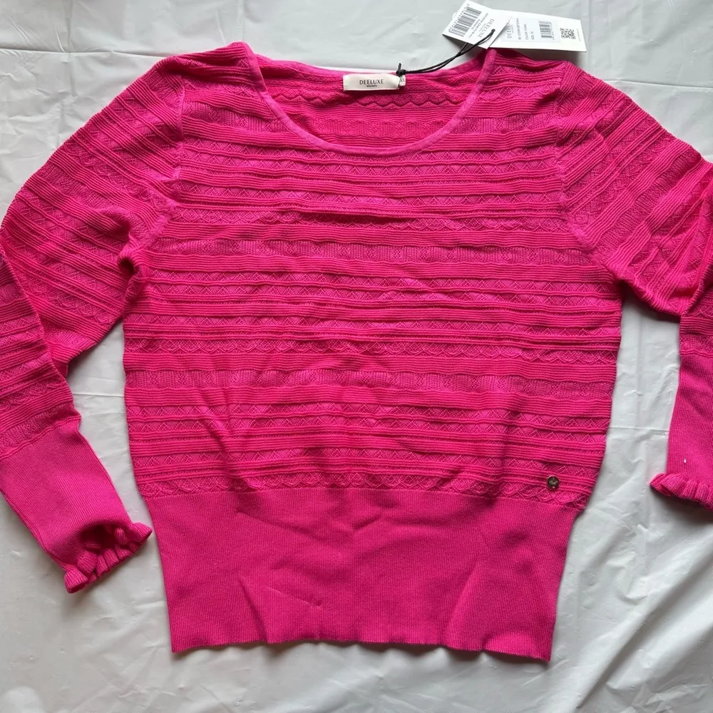 Deeluxe Pullover Textured Ruffle Frill Cuff Barbiecore Sweater Fuchsia Hot Pink Size XL - Image 2