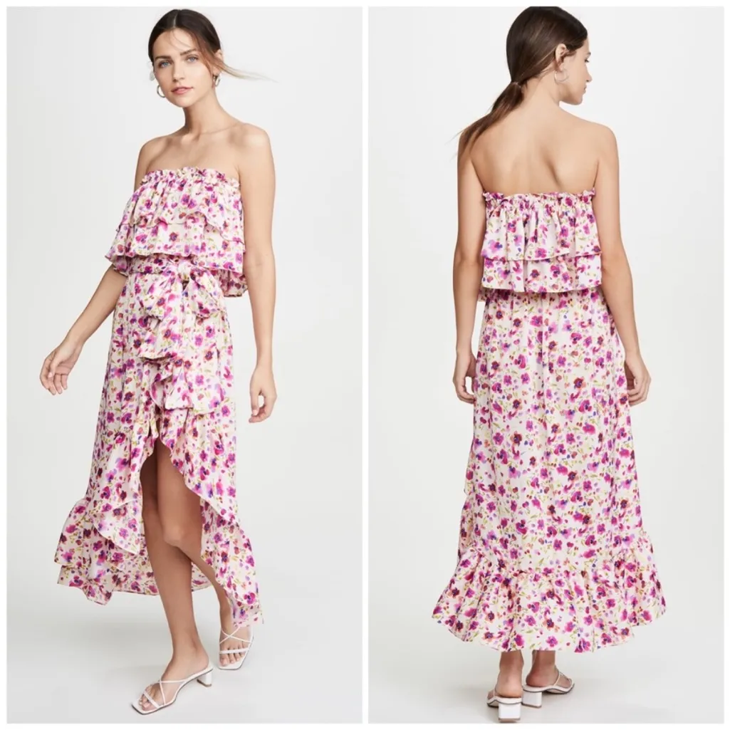 MISA Los Angeles Sabella Strapless Ruffle Tie Waist Midi Dress in Fuchsia Floral - Image 2