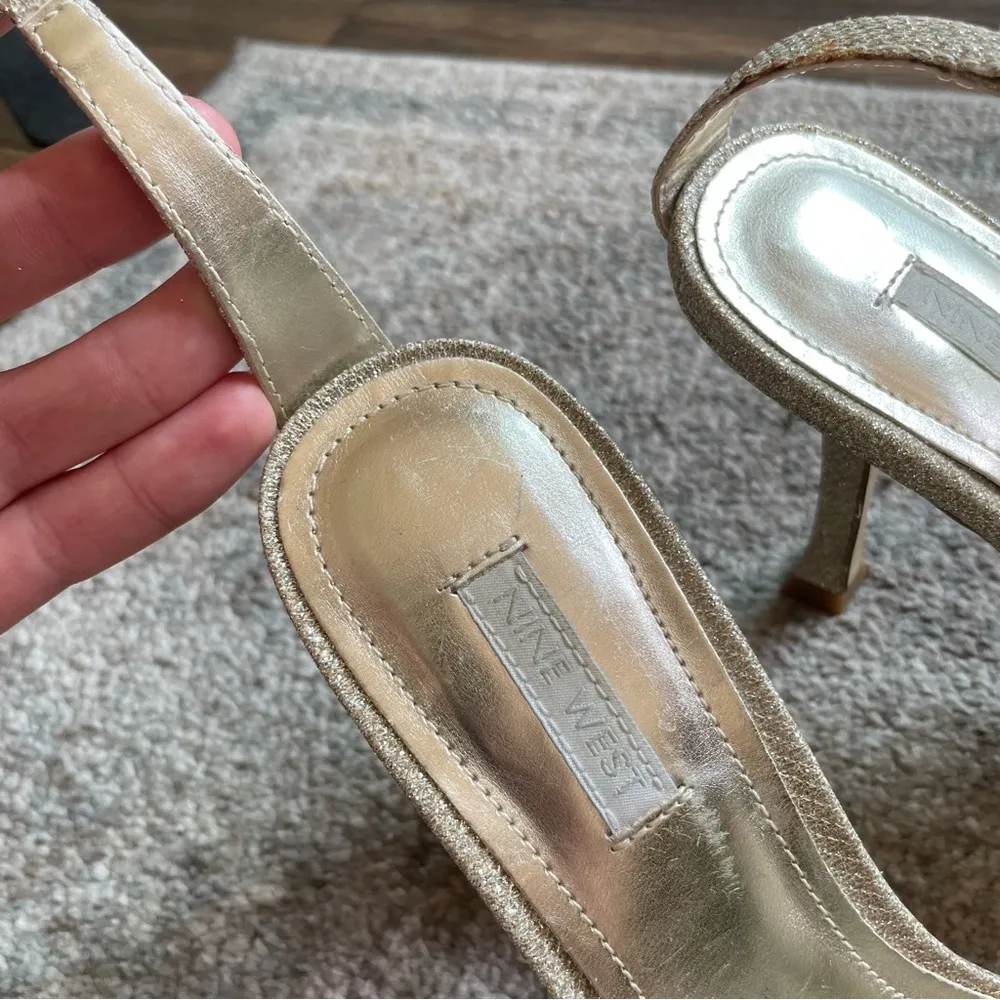 Vintage Nine West Gold Glitter Square Toe Ankle Strap Nudist Prom Wedding Heel 8 - Image 3