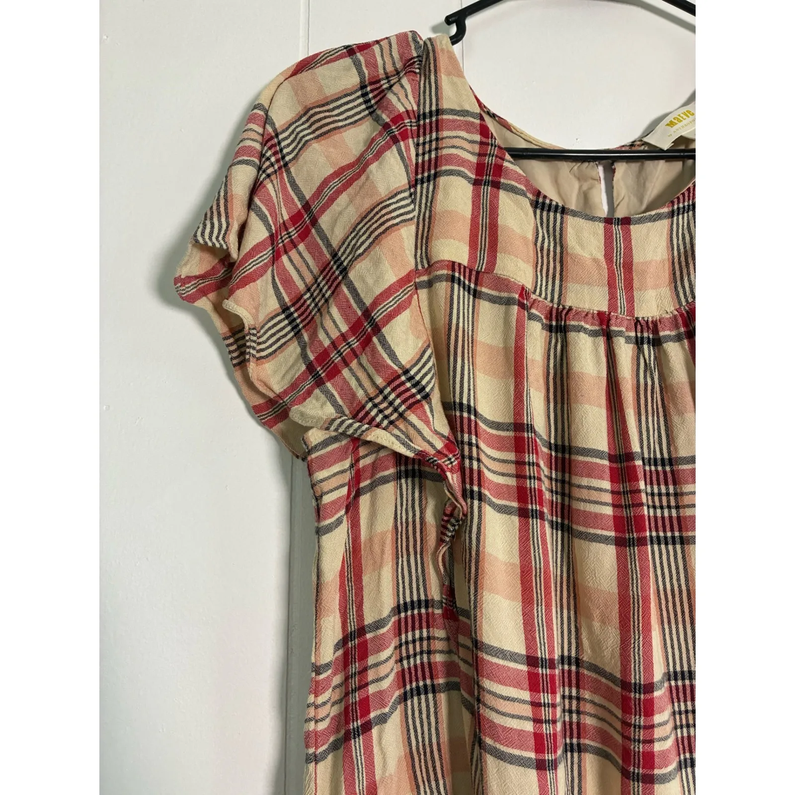 Anthro Maeve Priscilla Plaid Top M Red Flutter Sleeve CoastalCowgirl Cottagecore Size M - Image 5
