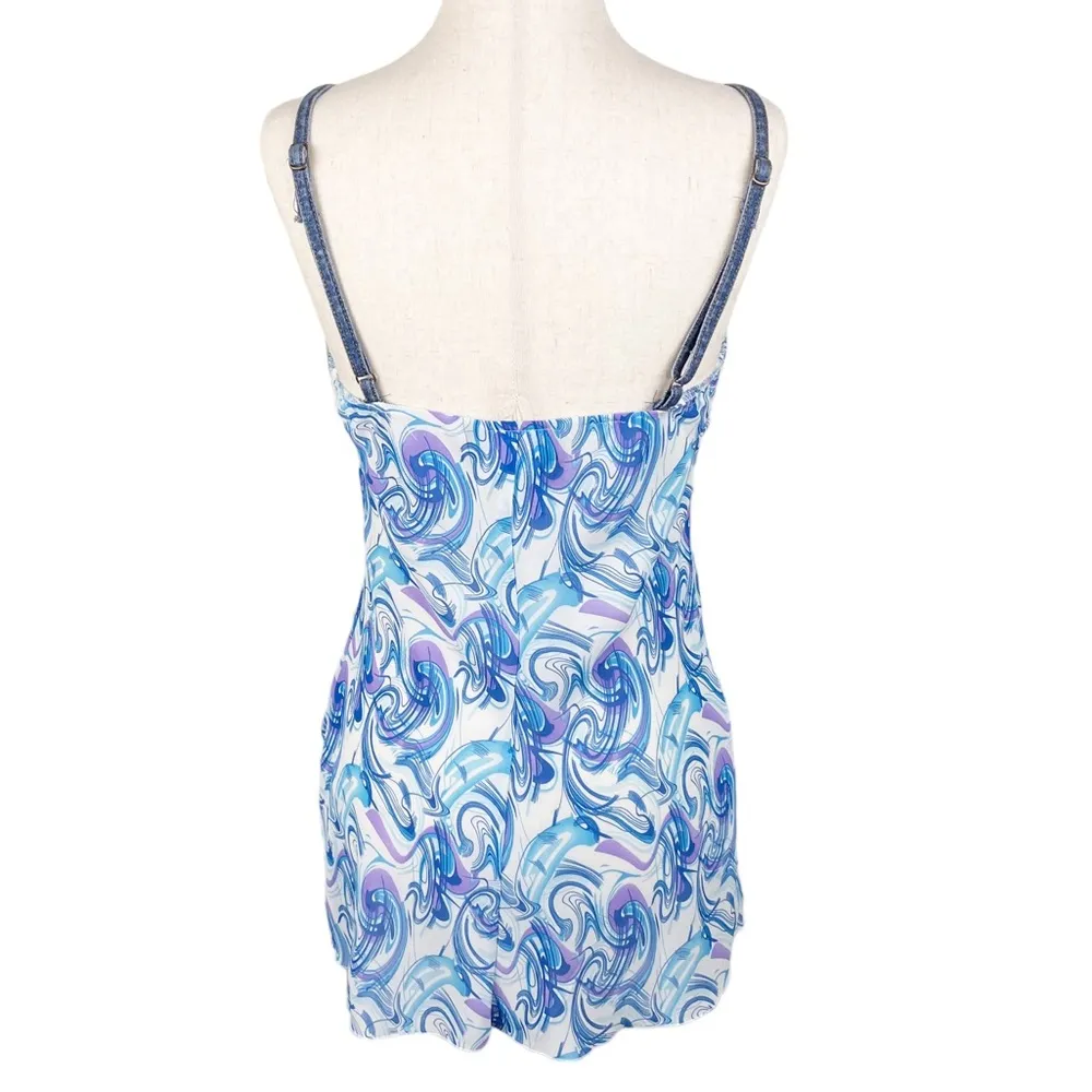 Vintage Y2K Metro Style Stretch Denim Buckle Tank Blue Purple Printed Scarf Top - Image 2