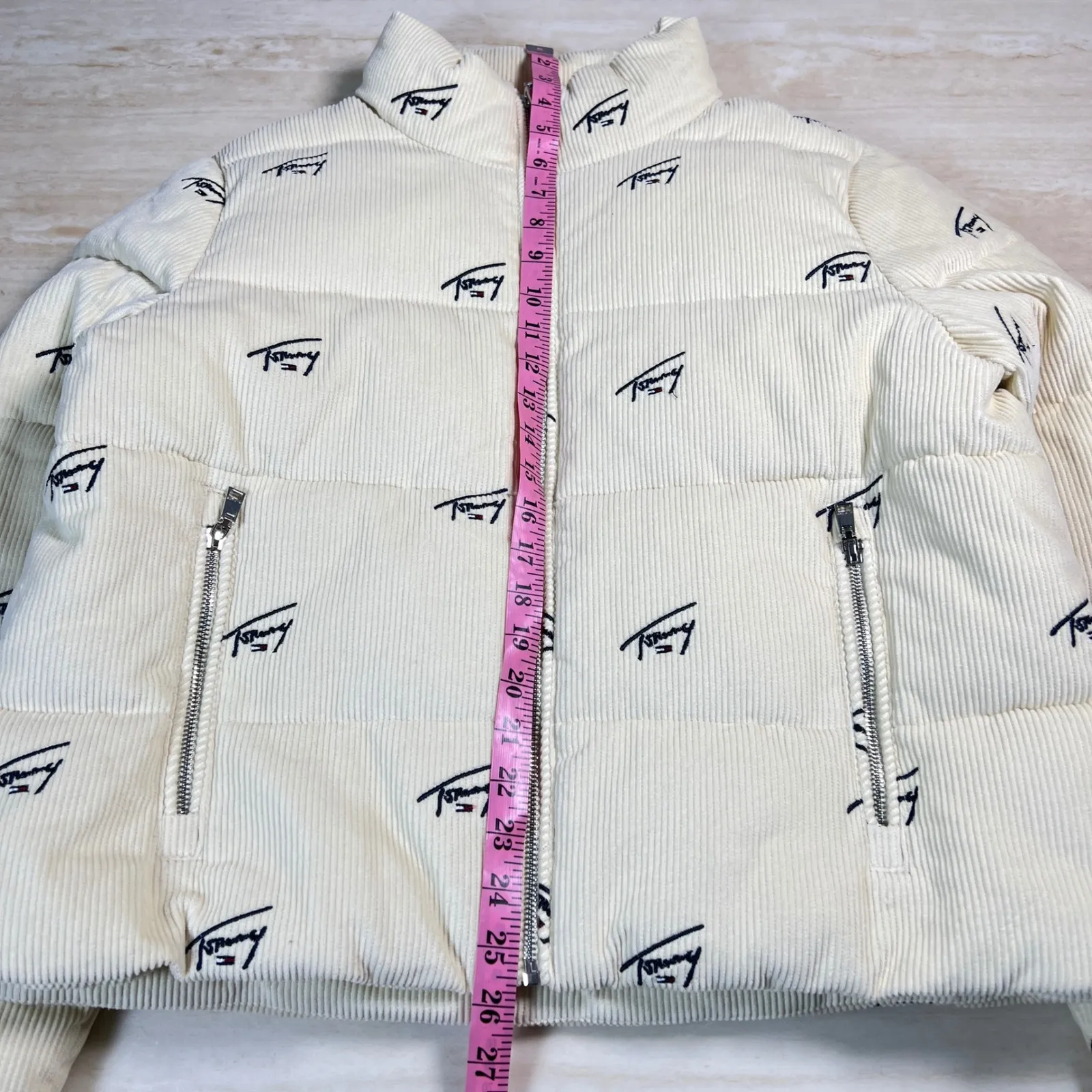 Tommy Jeans Corduroy Puffer Jacket Cream All Over Logo Embroidered Size M White Size M - Image 7