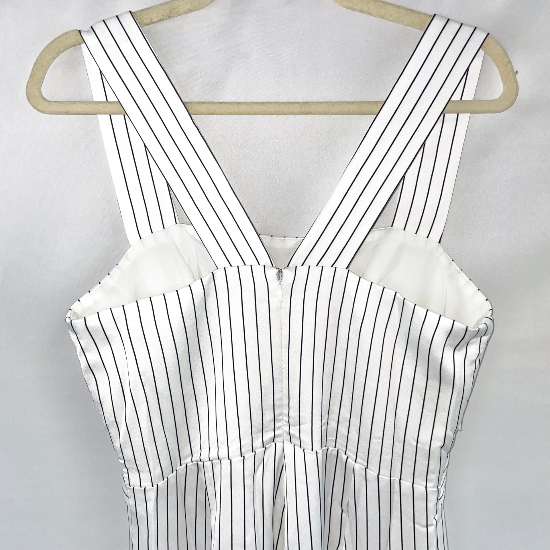 New  Striped Criss Cross Bodice Slit Hem Flared Leg Jumpsuit White Black - Image 12