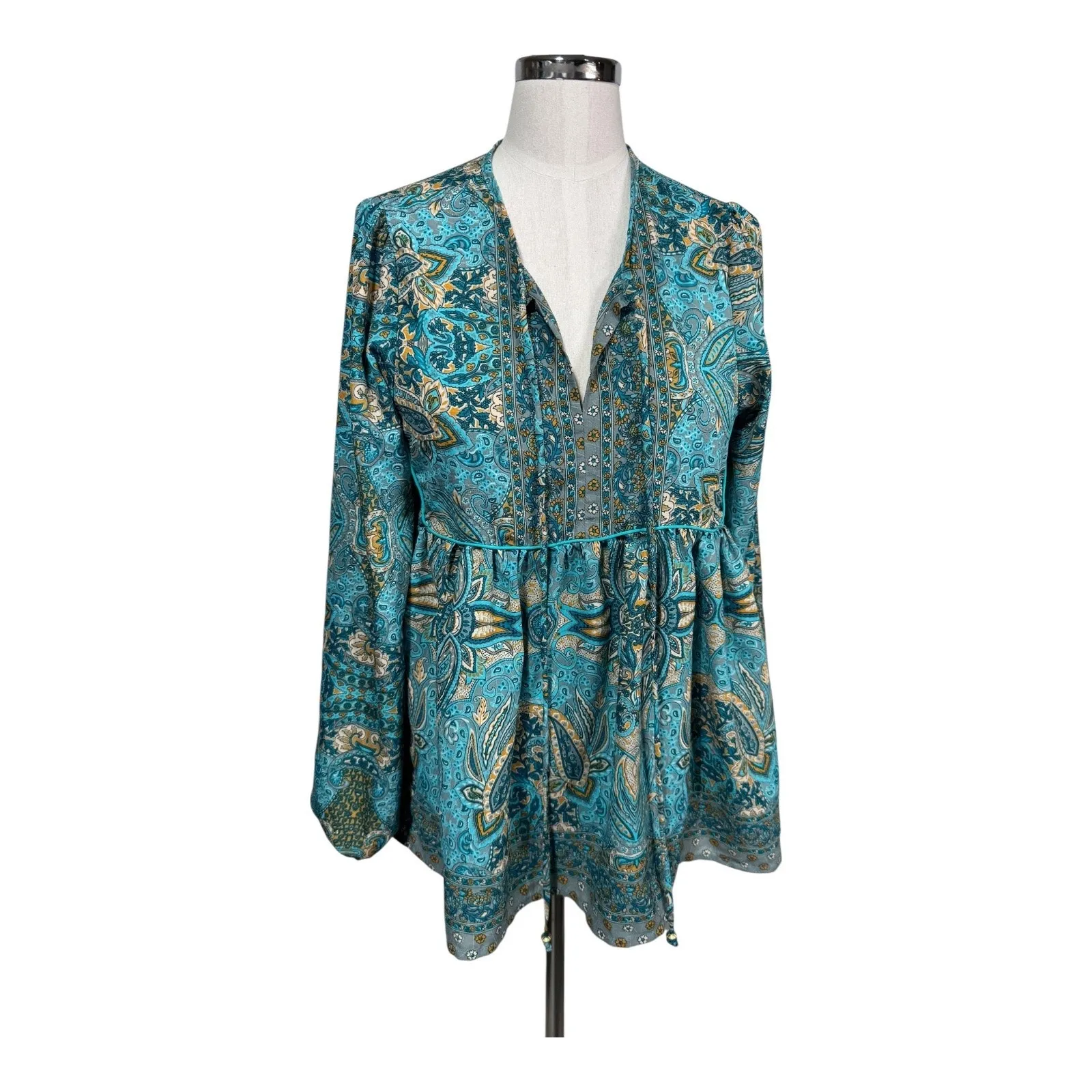 Masala Boho Paisley Tunic Top Blue Gold India Print Peasant Hippie‎ Blouse S Green - Image 5