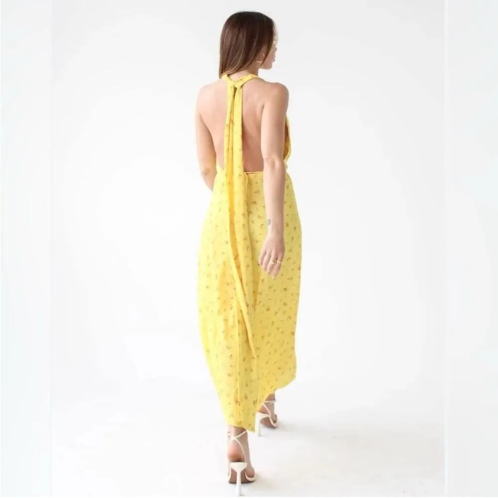 NWT Rumored Sirena Midi Wrap Dress Windswept Floral Halter Slit Womens Size S Yellow - Image 3