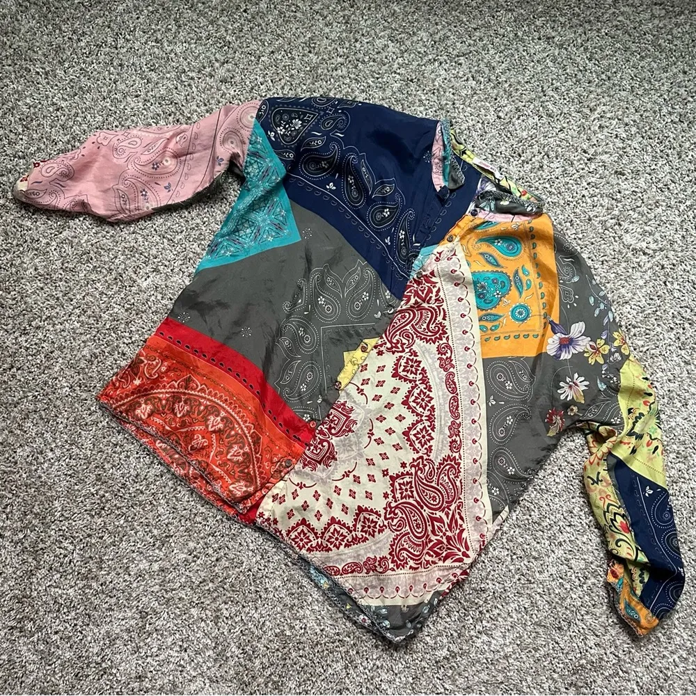 Johnny Was Adelaide 100% Silk Patchwork Long Sleeve Button Down Blouse Small - Image 2