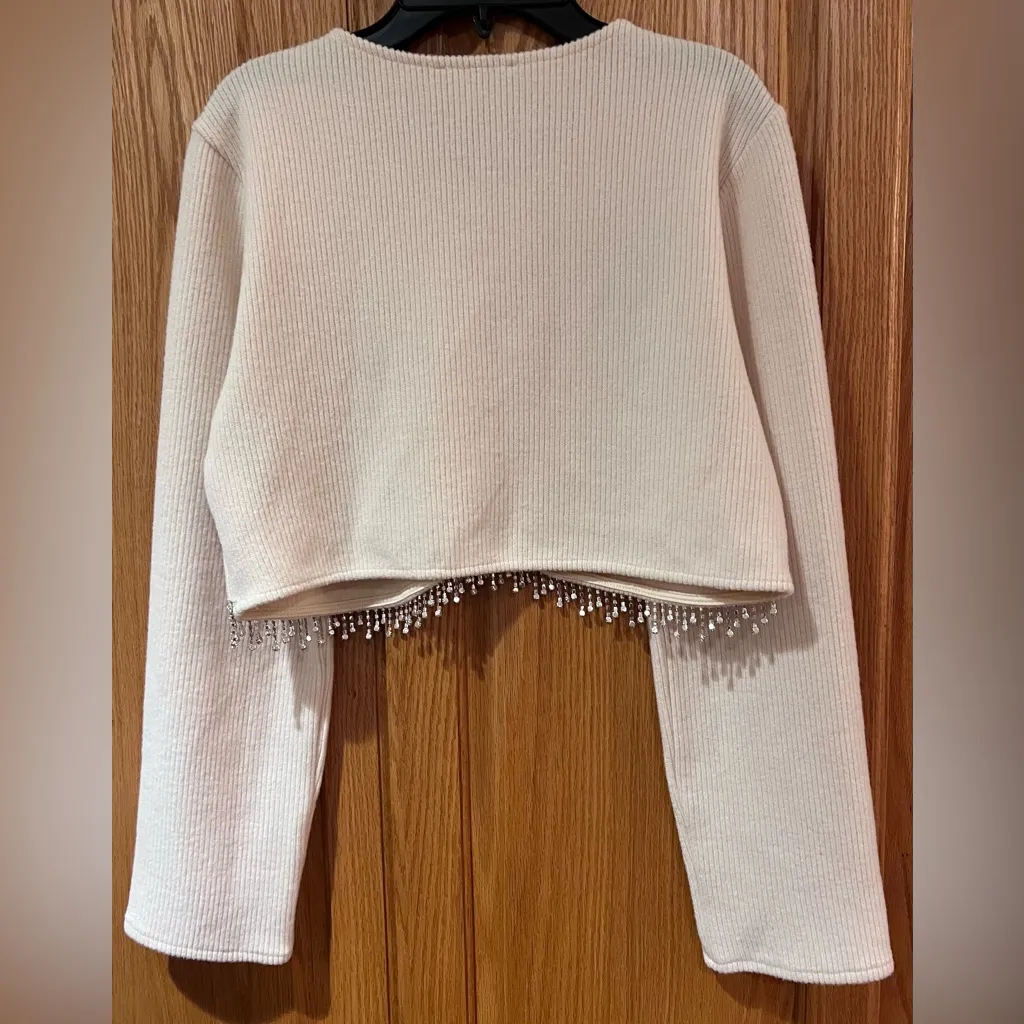 ZARA Long Sleeve Ribbed Crop Top Rhinestone Fringe in Oyster White Size Medium‎ - Image 16