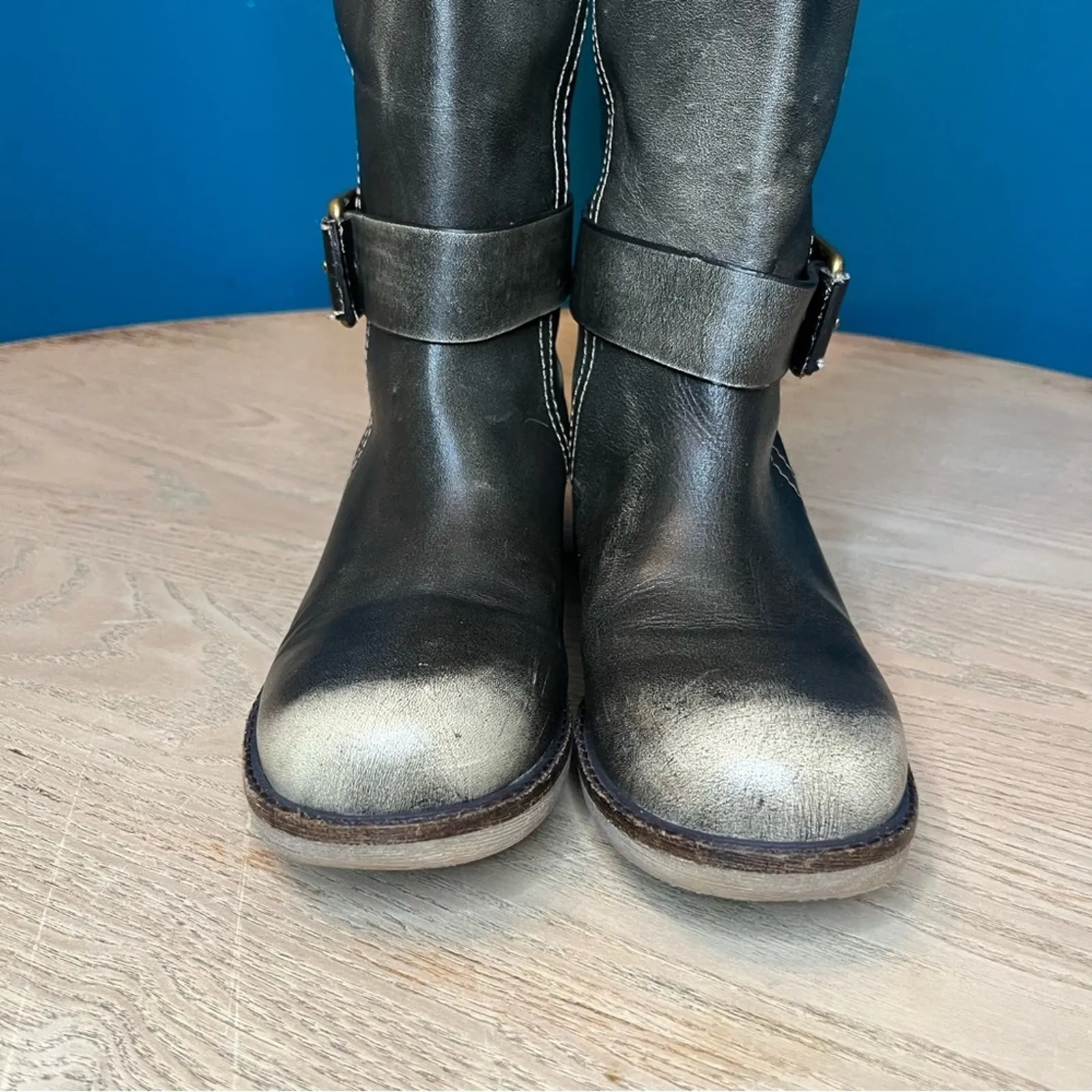 Lucky Brand Angelika Leather Riding Boots Pull On Buckle Slouchy Gray Women’s 6 - Image 5