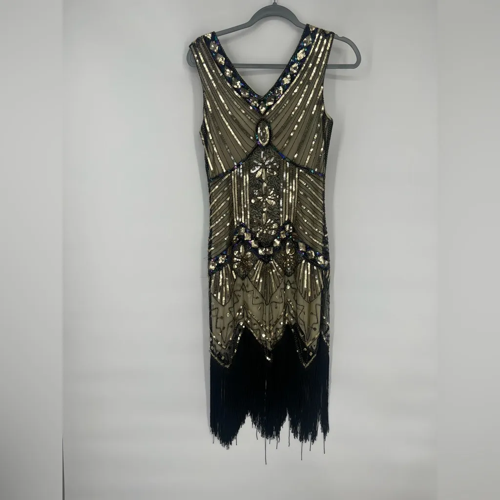 1920s Flapper Great Gatsby Charleston Sequins Beaded Fringe New Year Dress Gold Size M - Image 12