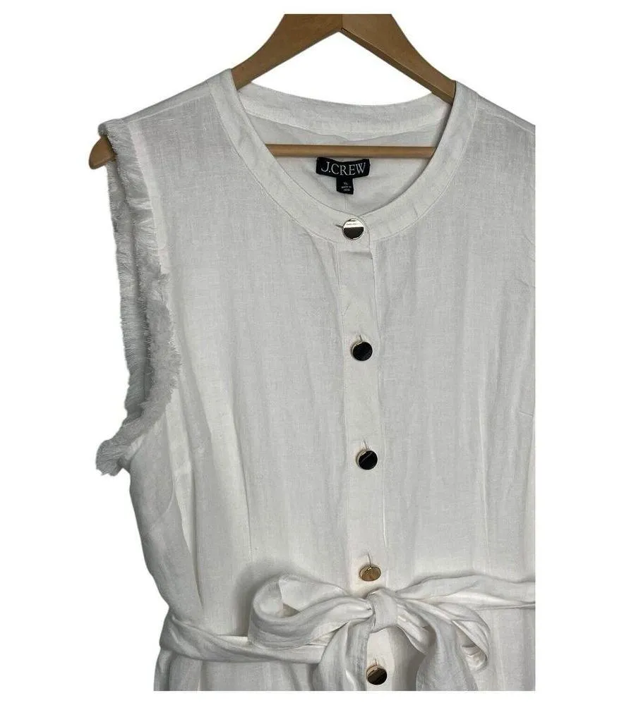 New J Crew Shirt Dress Womens XL Linen Raw Hem Belted Knee Length White BY817 - Image 7