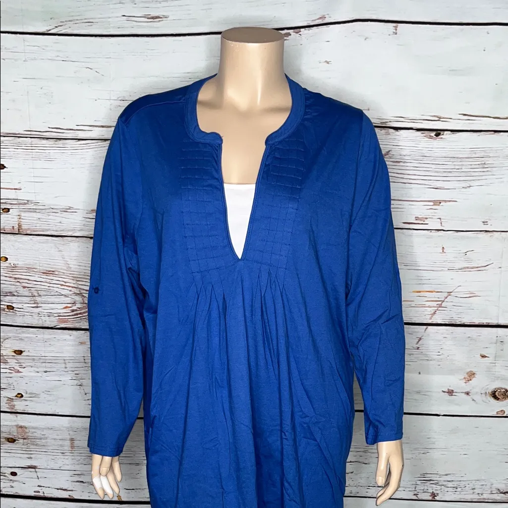Woman Within NWT Sz 30/32 3X Blue - White Layered Roll-Tab Sleeve Knit Top Shirt - Image 2