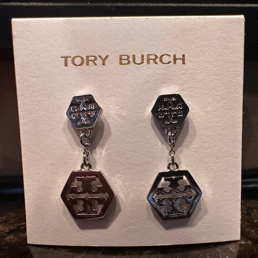 New Authentic Tory Burch Hexagon Logo Drop Earrings; Silver. Comes on TB Card - Image 2