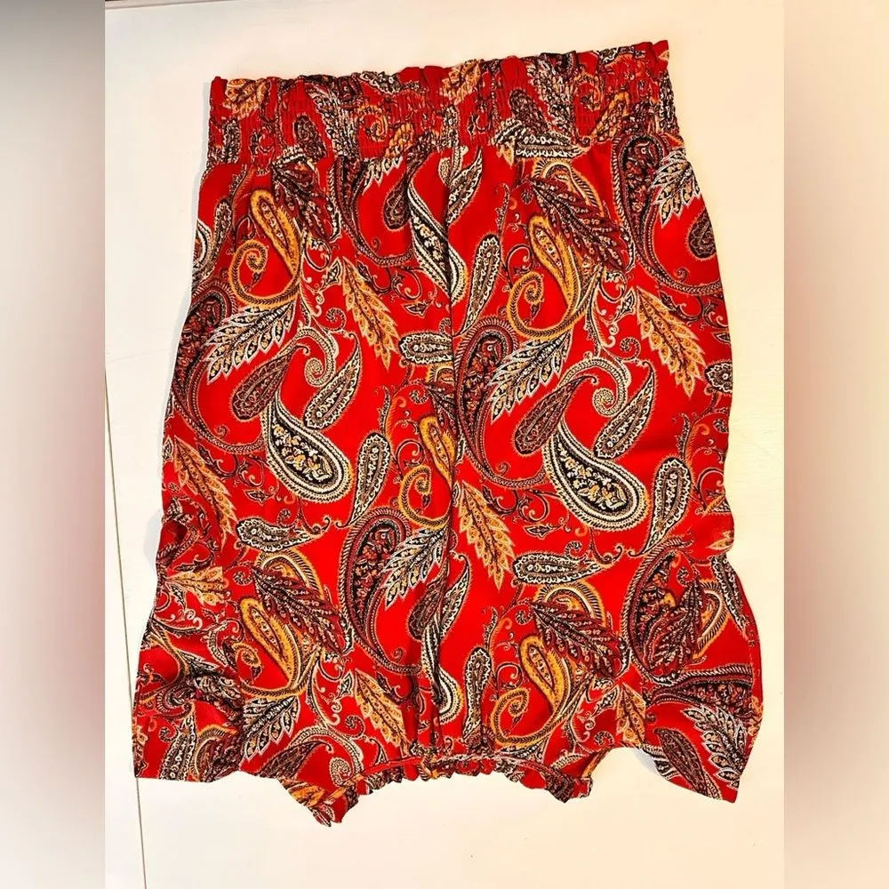 Rose + Olive Red Paisley Tassel Blouse Smocked Hem Size Small - Image 4