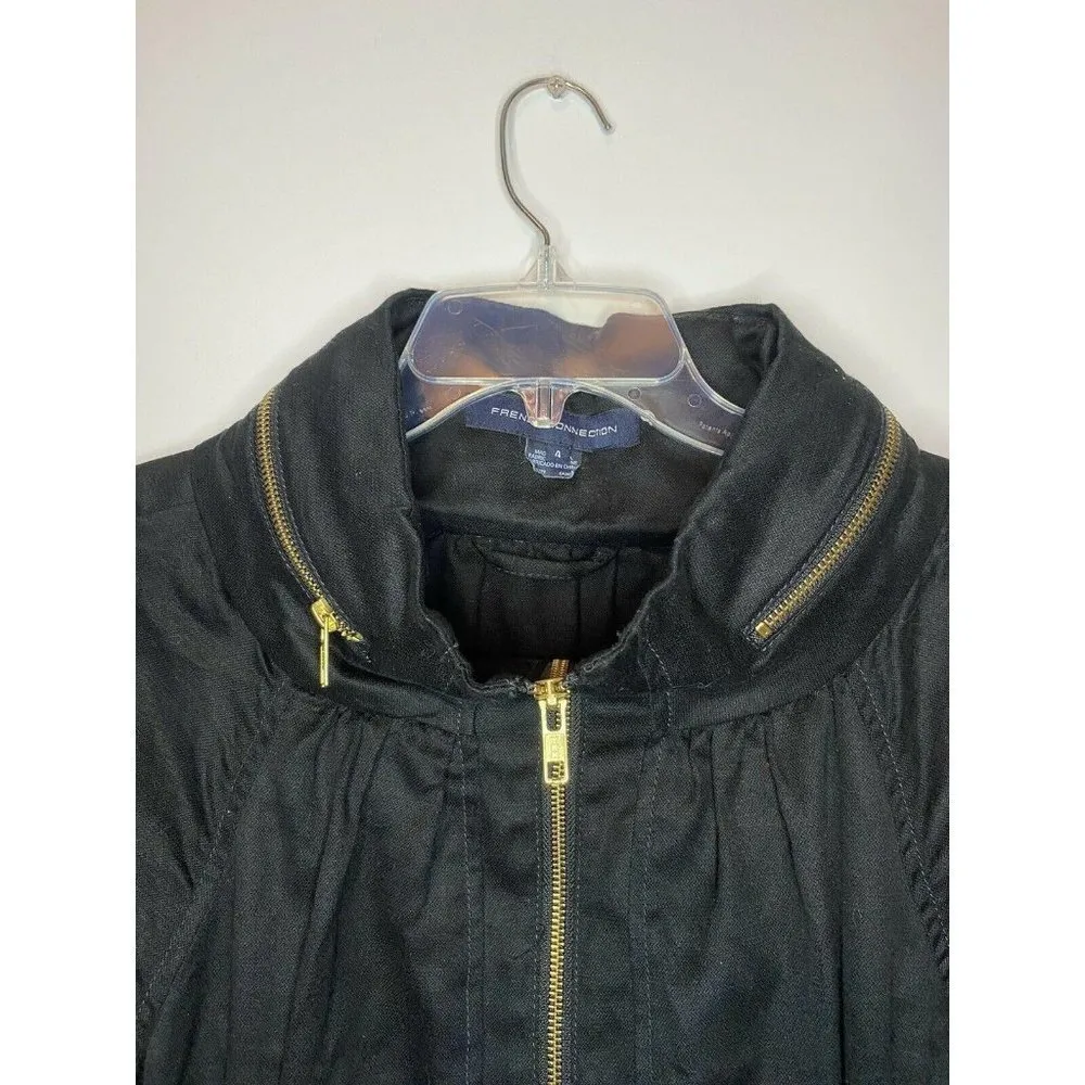 French Connection Black Jacket Parka Hidden Hood Roll-Sleeves Sz 4 - Image 2